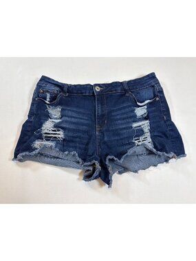 Rue21 Womens Distressed Denim Shorts Size 16 Mid-Rise Frayed Hem Blue (GG464)